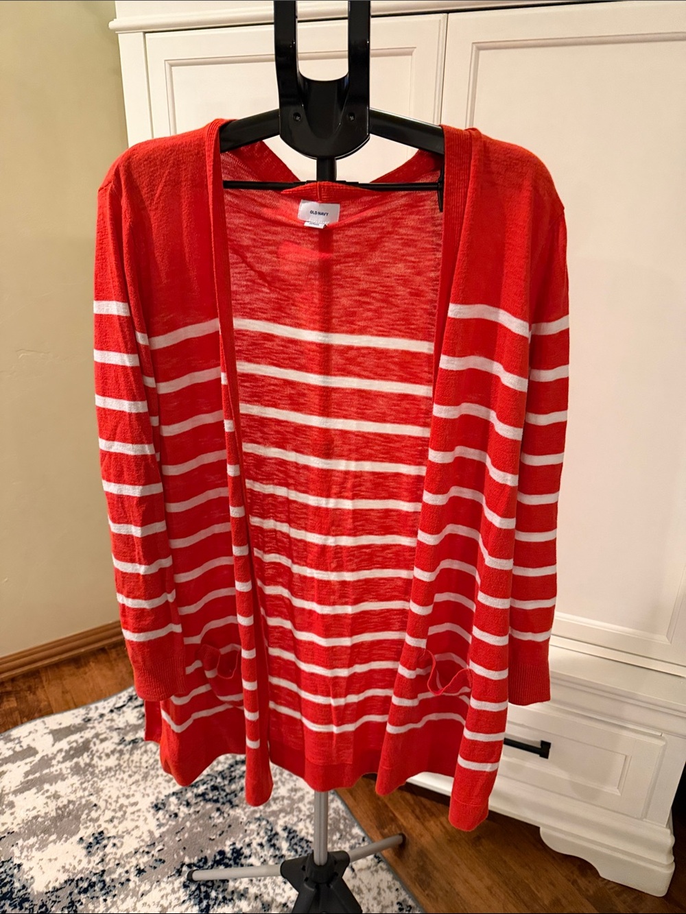 Old Navy Coral and White Striped Open-Front Cardigan (90)